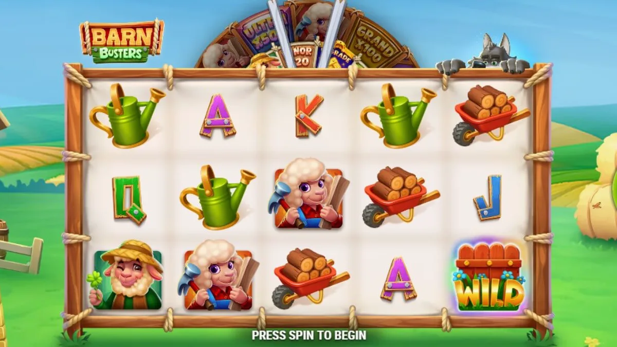 Tampilan visual slot Barn Busters dengan elemen peternakan dan roda hadiah